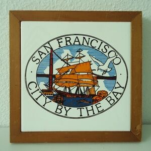 Vintage 1980s Tile trivet | San Francisco souvenir City by the Bay | wood frame